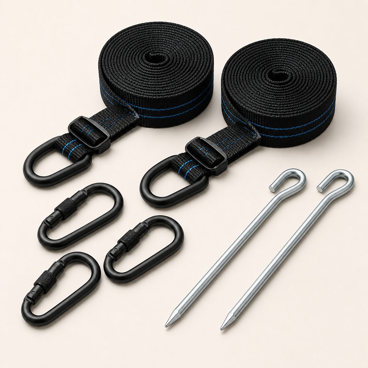 Set aus schwarzen Zurrgurten, Karabinern und Bodenankern für Eventequipment