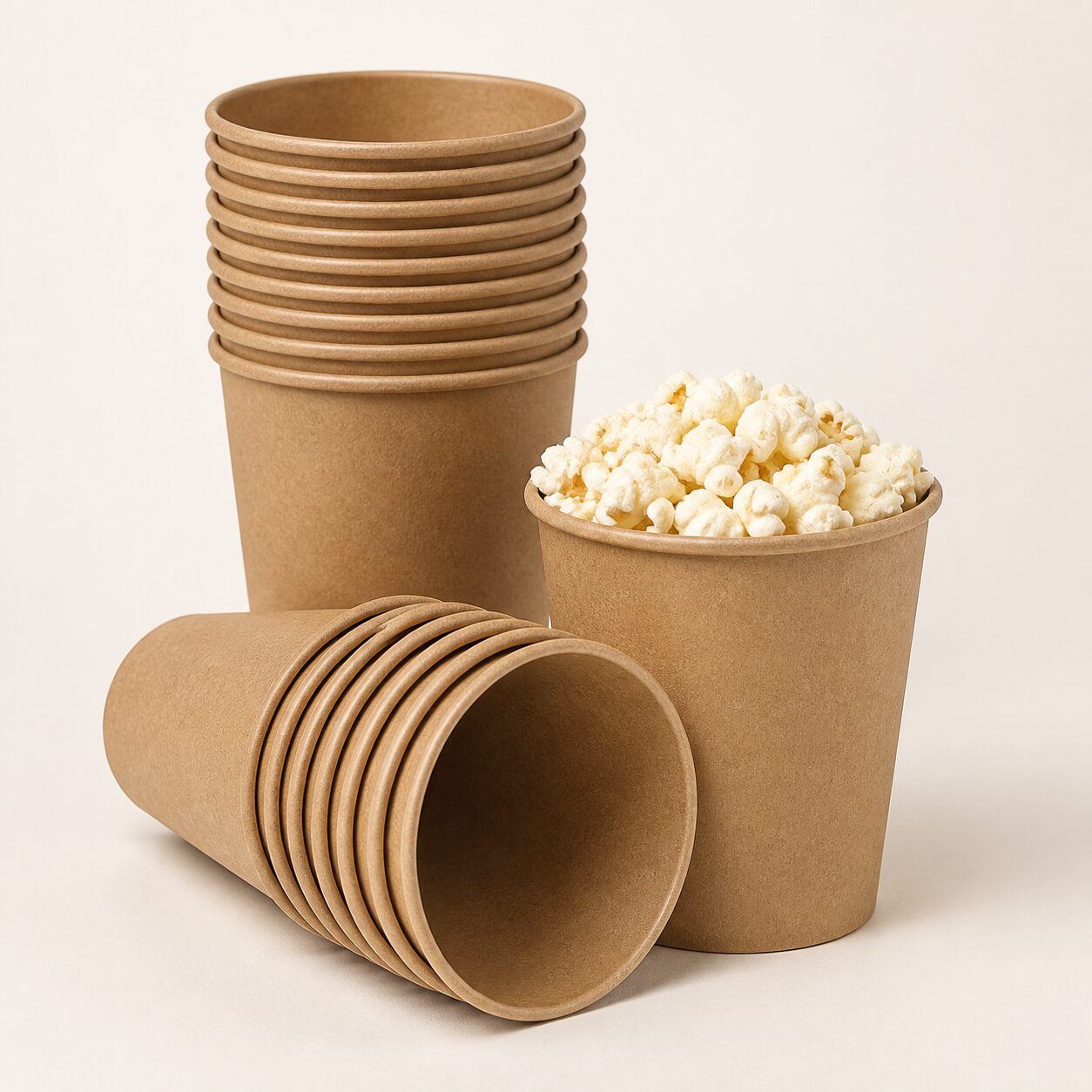 Stapel schlichter Popcornbecher aus naturfarbenem Kraftpapier