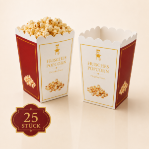 Zwei Premium Popcornboxen im rot-weißen Design, eine mit Popcorn gefüllt, Verkaufseinheit 25 Stück